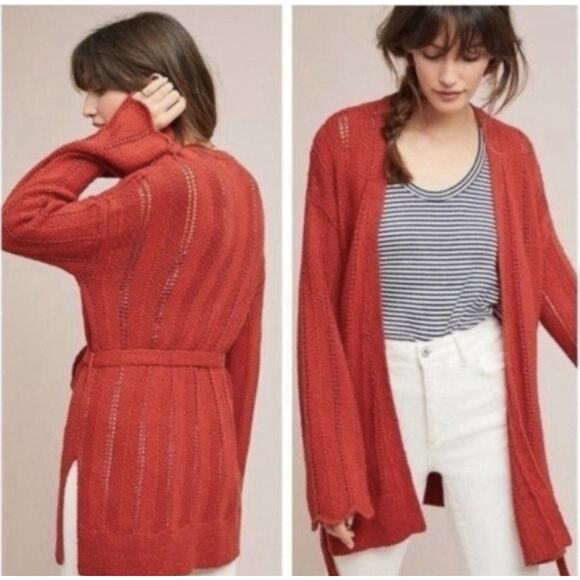 Anthropologie Sweaters - Anthropologie Meadow Rue Cardigan Sweater Size M Rust Knit Crochet Belted Long